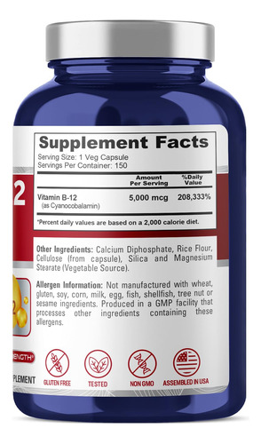 Suplemento De Vitamina B12 Nusapure 5000mcg 150 Cápsulas Veg - Imagem 2