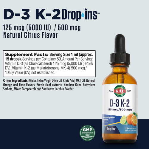 Suplemento Kal D3 K2 Dropins 125mcg/500mcg Líquido 60 Serv - Imagem 2