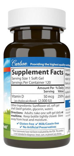 Suplemento De Vitamina D3 Carlson 2000iu (50mcg) 120 Cápsula - Imagem 2