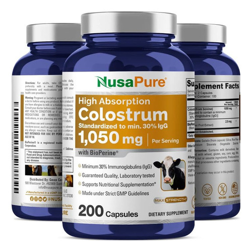 Suplemento Nusapure Colostrum 1050mg 30% Igg 200 Cápsulas - Imagem 4