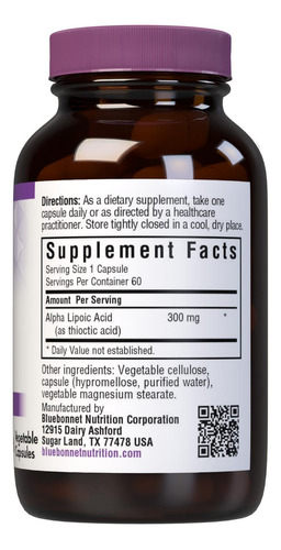 Suplemento De Ácido Alfa Lipóico Bluebonnet 300 Mg 60 Cápsul - Imagem 2