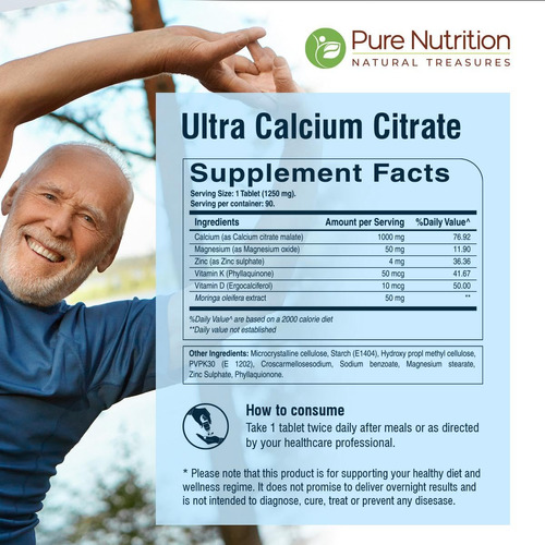 Suplemento De Cálcio Pure Nutrition Ultra Calcium Citrate 10 - Imagem 3