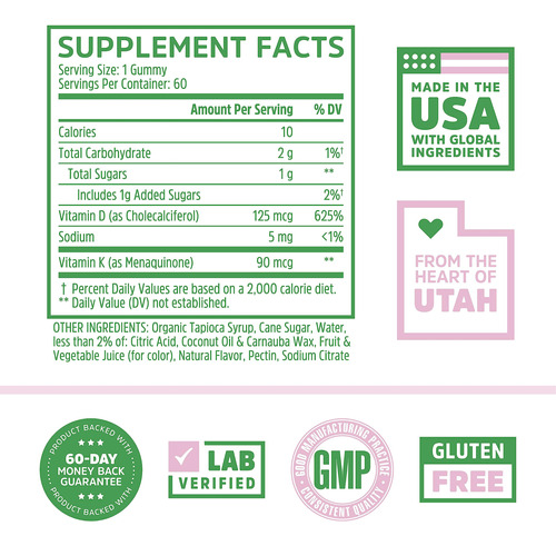 Gomas Zhou Nutrition Bone Heart Vitamin D3 K2 5000iu 60 - Imagem 2