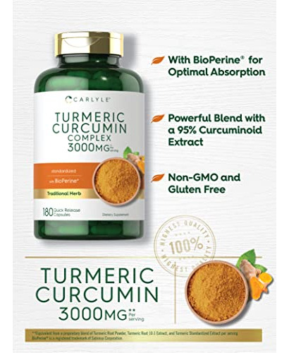Suplemento Carlyle Curmeric Curcumin 3000 Mg 180 Cápsulas - Imagem 3
