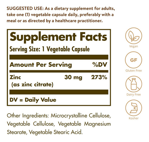Suplemento Solgar Citrato De Zinco 30mg 100 Cápsulas Veganas - Imagem 2