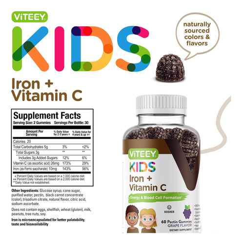 Gomas De Ferro Viteey Para Crianças Com Vitamina C 120 Gomas - Imagem 4