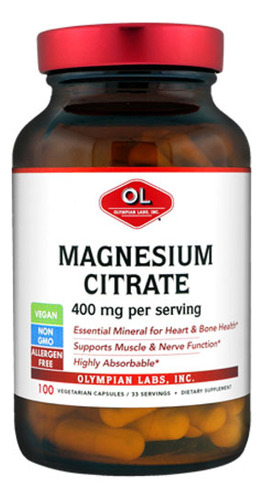 Citrato De Magnésio 400 Mg 100 Cápsulas Da Olympian Labs