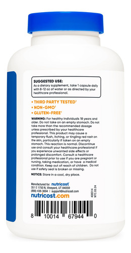 Suplemento Nutricost Niacina (vitamina B3) 500 Mg 240 Cápsul - Imagem 4
