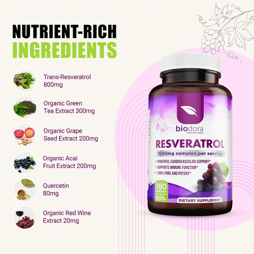 Suplemento Biodora Resveratrol 1600mg Com Chá Verde 180 Cáps - Imagem 3