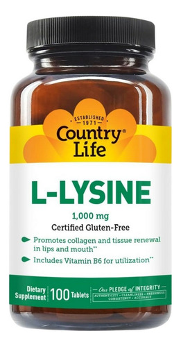 L-lisina Com B-6 1000 Mg 100 Comprimidos Da Country Life