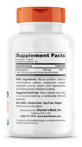 Suplemento Doctor"s Best De Magnésio De Alta Absorção 100mg - Imagem 2