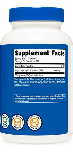 Suplemento Nutricost N-acetil L-cisteína Nac 600 Mg 120 Cáps - Imagem 2