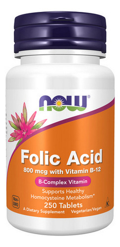 Ácido Fólico Com Vitamina B-12 800 Mg 250 Comprimidos Da Now