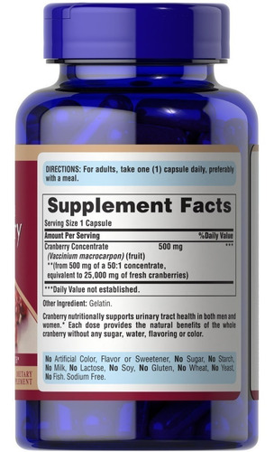 Puritans Pride Cranberry Dose Diária 500 Mg 120 Cápsulas - Imagem 2