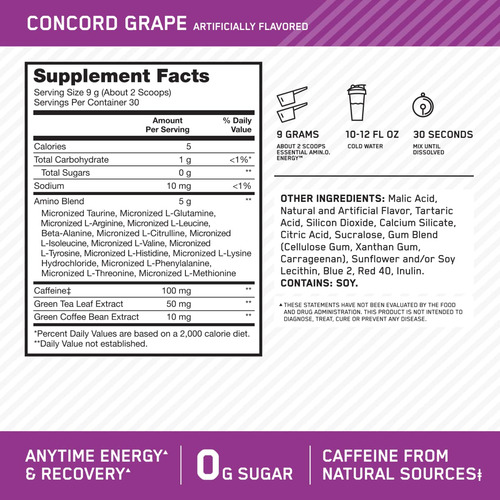 Suplemento Optimum Nutrition Amino Energy Concord Grape 275g - Imagem 3