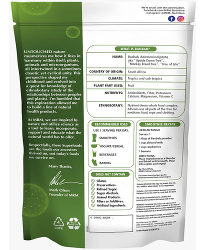 Suplemento Mrm Nutrition Organic Baobab Powder 40 Porções - Imagem 2