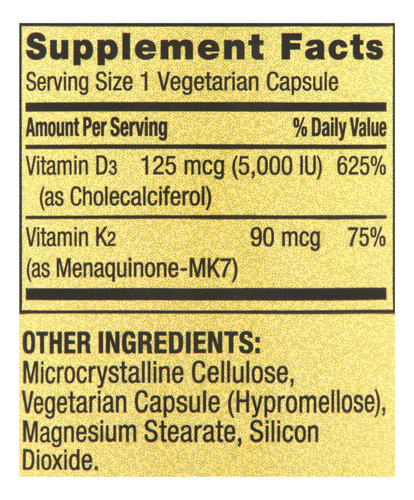 Vitamina K2 + D3 Spring Valley 90 Cápsulas Vegetarianas - Imagem 2