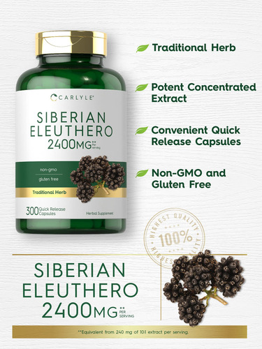 Suplemento Carlyle Siberian Eleuthero 2400mg 300 Cápsulas - Imagem 3