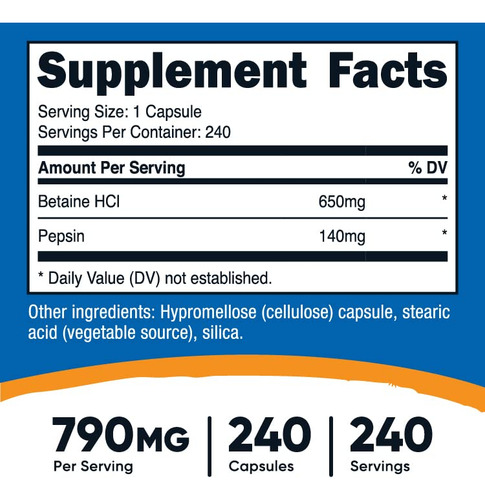 Suplemento Nutricost Betaína Hcl + Pepsina 790 Mg 240 Cápsul - Imagem 3