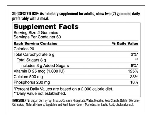 Cálcio 500mg Com D3 E Zinco 240 Gomas Importado Usa - Imagem 2