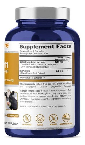Suplemento Nusapure Colostrum 1050mg 30% Igg 200 Cápsulas - Imagem 2