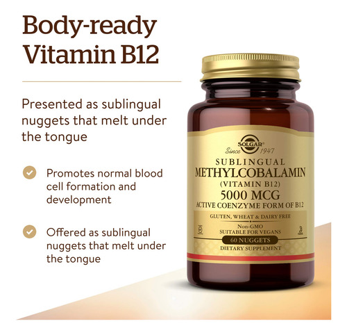 Suplemento Solgar Metilcobalamina Vitamina B12 5000mcg 60ct - Imagem 3