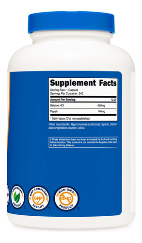 Suplemento Nutricost Betaína Hcl + Pepsina 790 Mg 240 Cápsul - Imagem 5