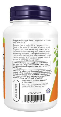 Suplementos Now, Curcumina De Cúrcuma Com Bioperine, Suporte - Imagem 3