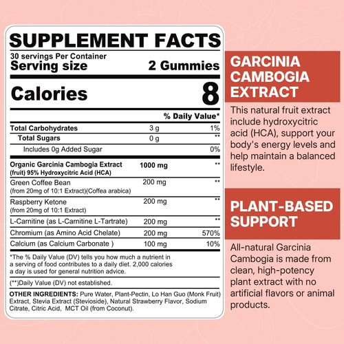 Garcinia Cambogia Sem Açúcar Gummies 1000mg 95% Hca Com L-ca - Imagem 2