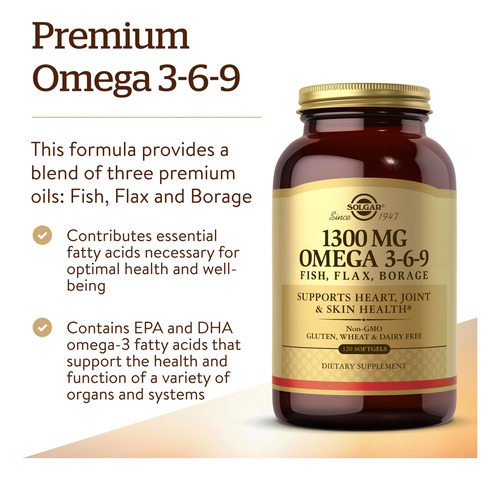 Suplemento Solgar Omega 3-6-9 1300mg 120 Cápsulas Gelatinosa - Imagem 3