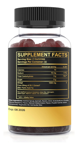 Gomas Shilajit Premium 60 Contagens - 1000mg Shilajit Puro D - Imagem 2