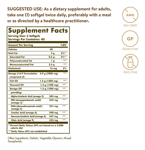 Suplemento Solgar Omega 3-6-9 1300mg 120 Cápsulas Gelatinosa - Imagem 2