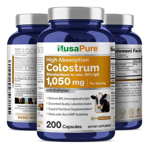 Suplemento Nusapure Colostrum 1050mg 30% Igg 200 Cápsulas - Imagem 4