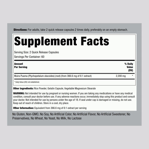 Extrato De Raiz De Piping Rock Muira Puama 2200 Mg | 120 Cáp - Imagem 2