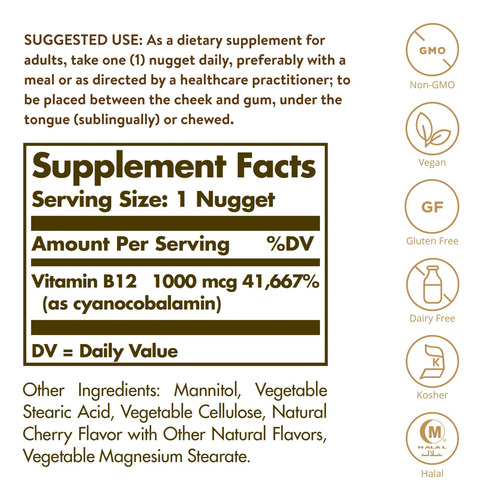 Suplemento Solgar Vitamina B12 1000mcg 100 Nuggets - Imagem 2
