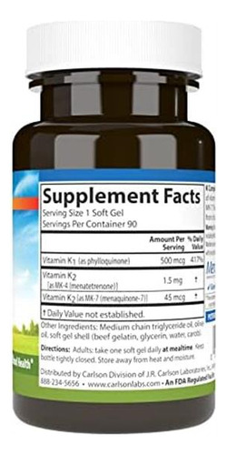 Cápsulas Gelatinosas Completas Carlson Labs K, 90 Contagens - Imagem 2