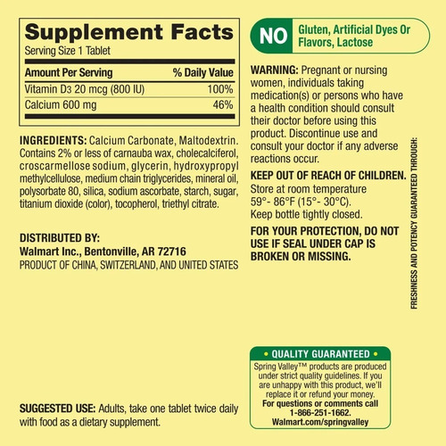 Cálcio 600mg Mais Vitamina D3 20mcg Spring Valley 250 Compri - Imagem 3