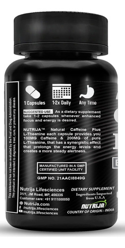 Nutrija Caffeine Natural 100mg Mais L-theanine (60 Cápsulas) - Imagem 3