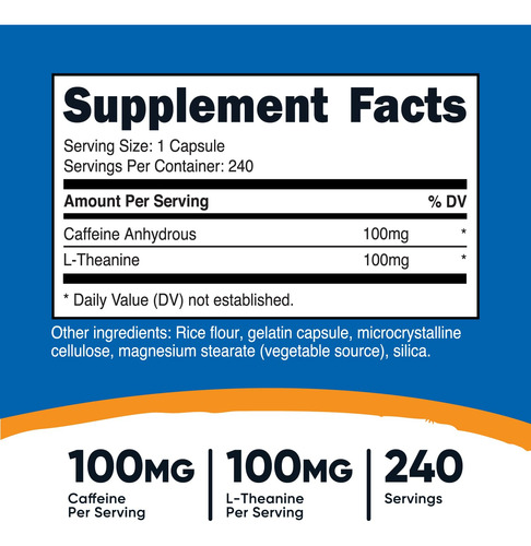Suplemento De Cafeína Nutricost Com L-teanina 240 Cápsulas - Imagem 2