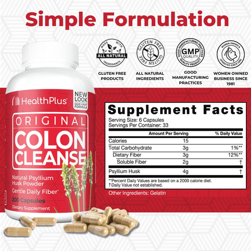 Suplemento Health Plus Colon Cleanse Natural Fiber 200 Cápsu - Imagem 2