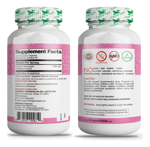 Cápsulas De Sementes De Jamun Orgânicas, Blackberry Indiano