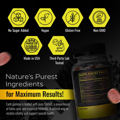 Gomas Shilajit Premium 60 Contagens - 1000mg Shilajit Puro D - Imagem 7