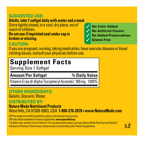 Vitamina E Nature Made 180 Mg (400 Ui) Dl-alpha 300 Cápsulas - Imagem 5