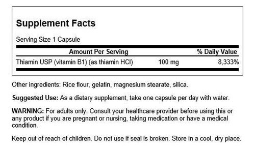 Vitamina B1 (tiamina) 100mg 250 Cápsulas - Swanson - Imagem 2