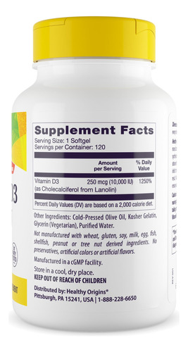 Suplemento Healthy Origins Vitamina D3 10.000 Ui 120 Cápsula - Imagem 3
