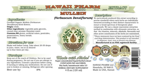 Suplemento Hawaiipharm Mullein Extrato Sem Álcool 60ml - Imagem 2