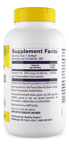 Vitamina D3 10.000iu Healthy Origins 360 Softgels - Imagem 2