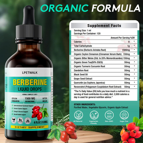 Suplemento Lpetwalk Berberine Liquid Drops 120ml Orgânico - Imagem 2