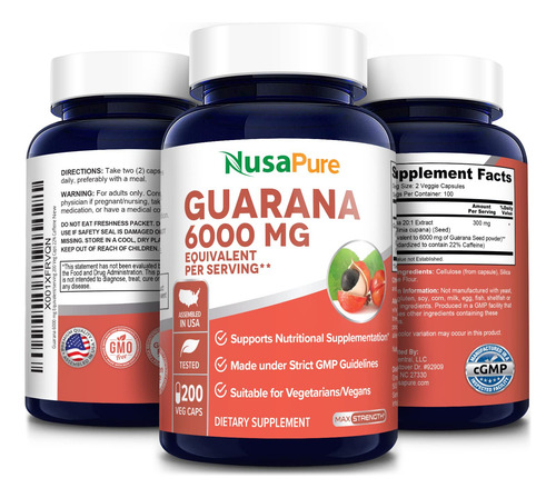 Suplemento Extrato De Guaraná Nusapure 6000mg 200 Cápsulas - Imagem 4