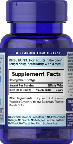 Puritans Pride Biotina 10000mcg 100 Cápsulas Gelatinosas - Imagem 3